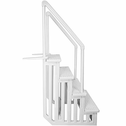 White above-ground pool ladder with handrails