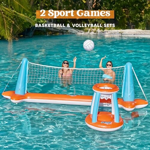 Two people playing inflatable volleyball and basketball in a pool.