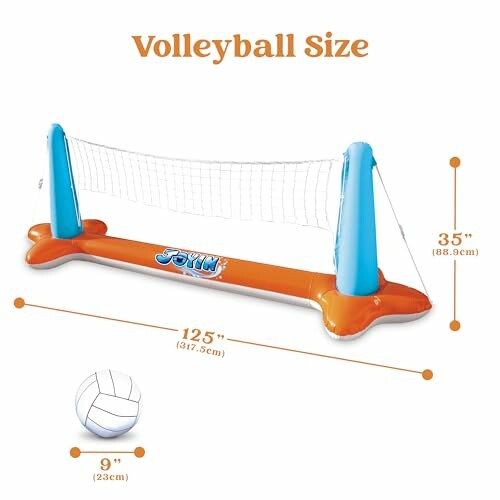 Inflatable volleyball net with dimensions and ball size.