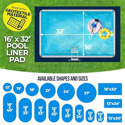 Diagram showing 16x32 pool liner pad with available shapes and sizes.